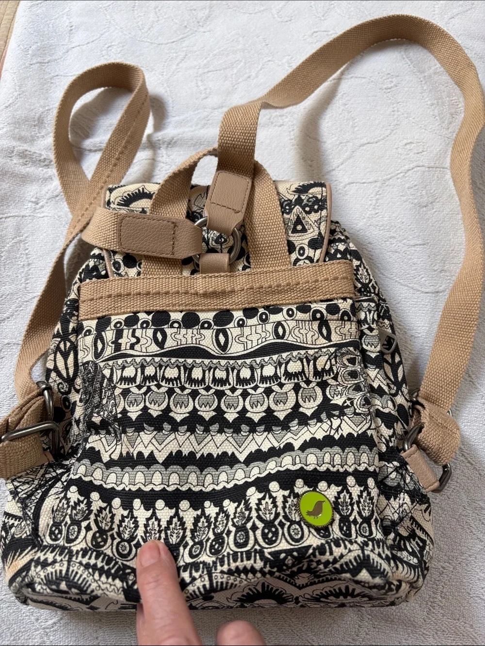 Sakroots Black & Cream Patterned Canvas Drawstring Backpack